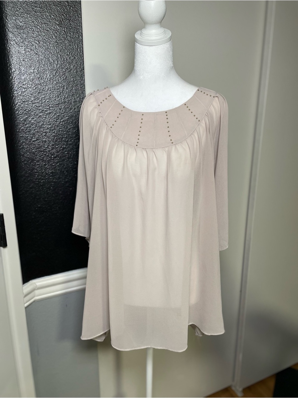 Love Stitch Light Beige Chiffon Studded Yoke Blouse
